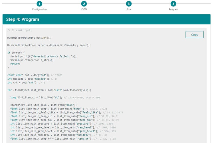 Generated Arduino Code for Weather API Integration in Smart Agriculture ArduinoJson Assistant output: parsing code for smart agriculture using IoT project