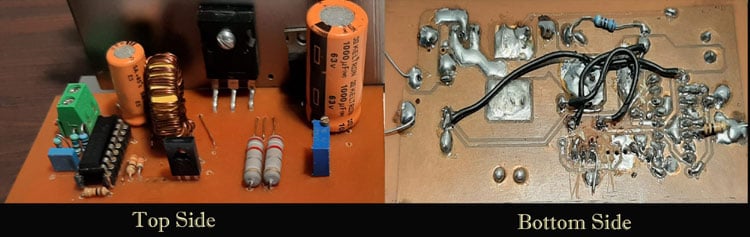 TL494 boost converter handmade PCB assembly with component soldering and jumper wire corrections
