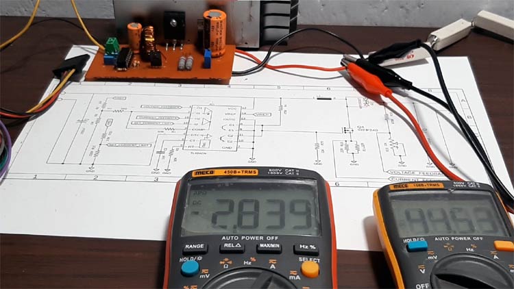 TL494 boost converter circuit working demonstration showing 44.53V output voltage and 2.839A current measurement