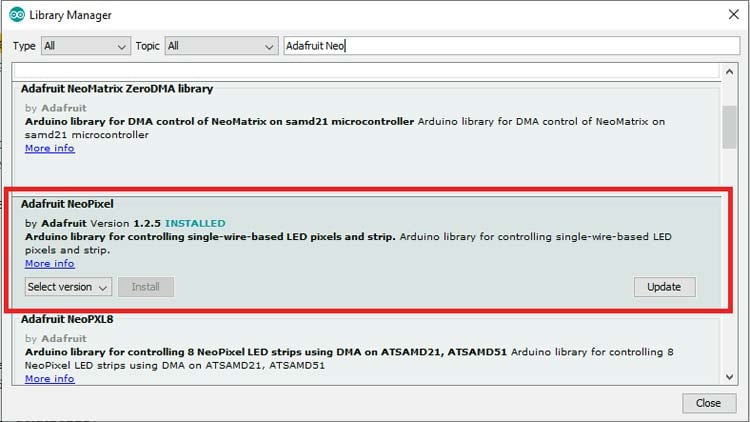 Adafruit Neopixel Installation