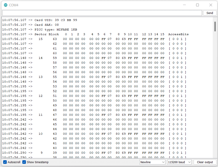 Arduino RFID code output showing tag data in serial monitor