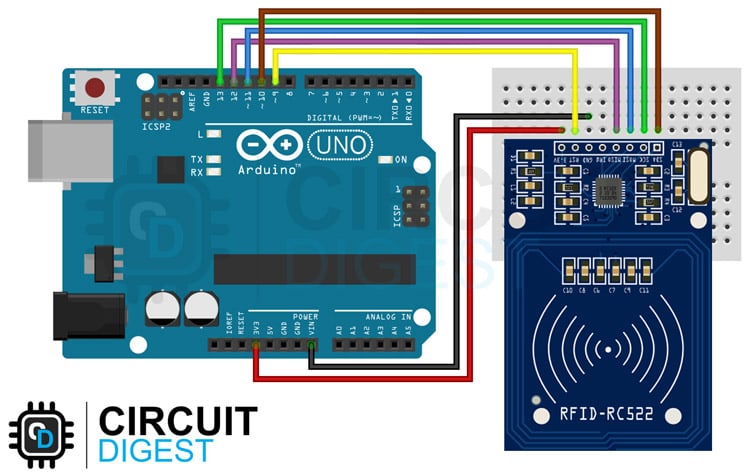 Arduino RFID wiring circuit schematic showing RC522 connections to Arduino Uno