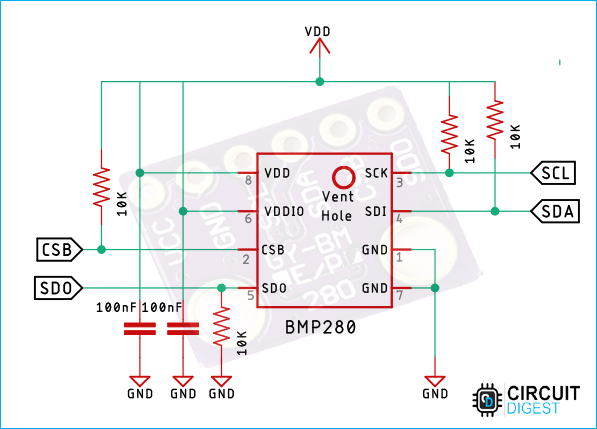 BMP280 sensor schematic diagram displaying VDD power supply, VDDIO digital interface, I2C pull-up resistors, and decoupling capacitor circuit connections