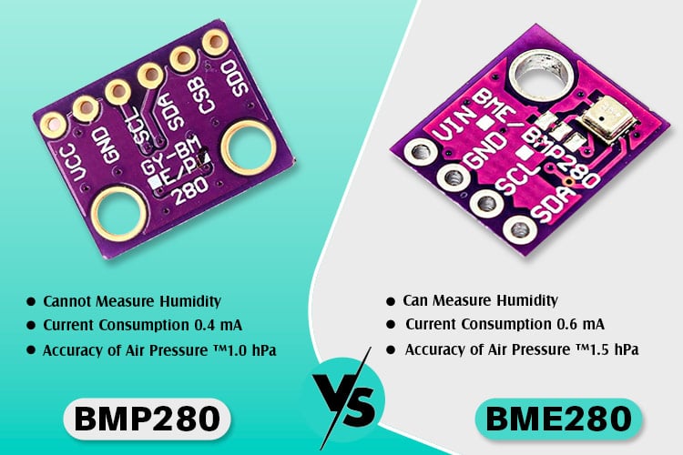 Side-by-side comparison of BMP280 and BME280 sensor modules highlighting temperature, pressure, and humidity measurement capabilities