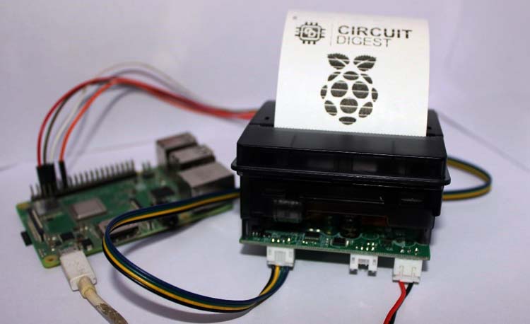 Physical setup photo of thermal printer interfaced with Raspberry Pi showing actual wire connections for POS receipt printing