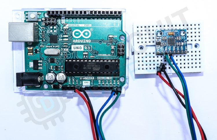 Arduino MPU6050 module practical wiring setup on breadboard with jumper wires