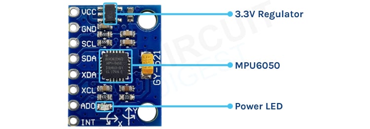 MPU6050 breakout module components including IMU sensor chip, voltage regulator, and capacitors on PCB