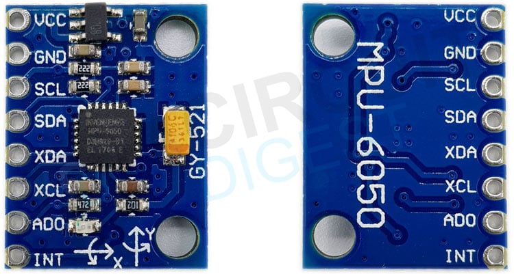 Front and back view of an MPU-6050 breakout module showing the 8 labeled pins: VCC, GND, SCL, SDA, XDA, XCL, ADO, and INT. The front side shows the MPU6050 sensor chip, a yellow capacitor, resistors, and traces, while the back side shows the PCB with pin labels and copper traces.