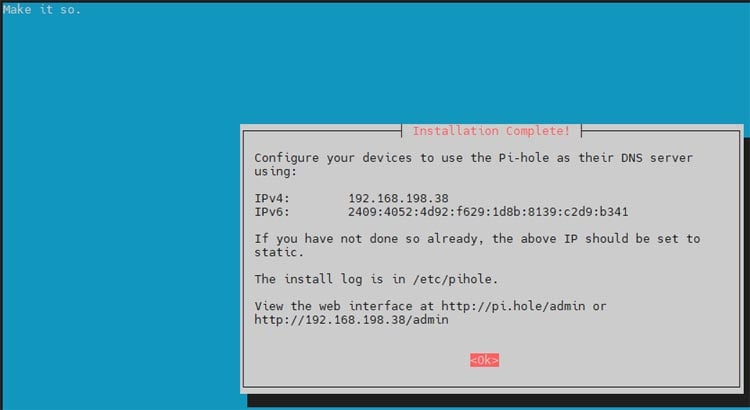 Pi-hole Installation Complete Window