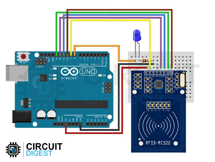 Arduino RFID project LED control setup with RC522 module and LED circuit diagram