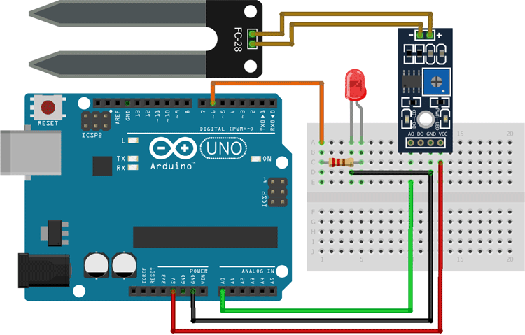 Arduino soil moisture sensor analog output wiring connection diagram tutorial