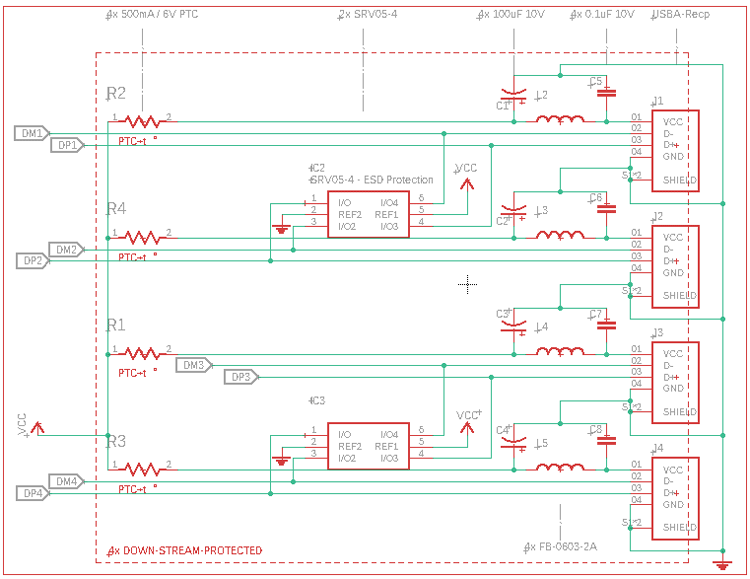 4-Port USB Hub Downstream Circuit Diagram with Protection