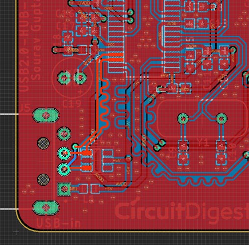 USB Hub PCB Layout Showing Upstream Port Differential Routing