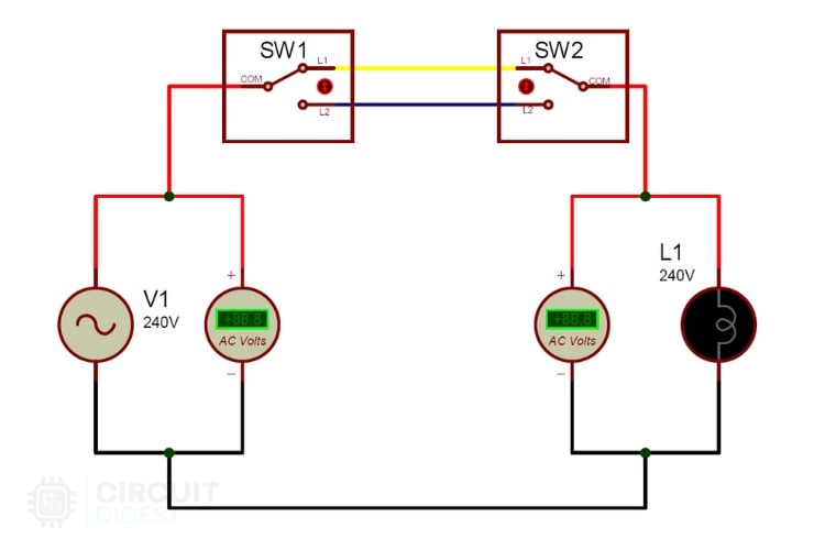 Two way switch connection diagram showing OFF state in 2-wire configuration