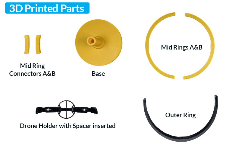 3D printed parts for DIY drone test rig including base, rings, and drone holder components