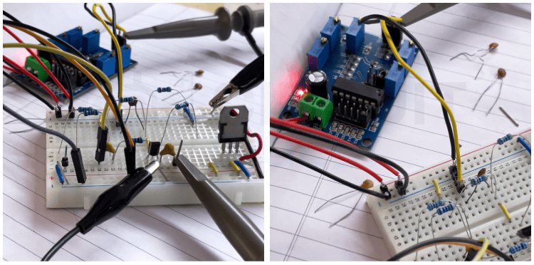 Complete AM modulator hardware setup with oscilloscope probes and power connections