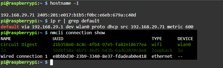 NetworkManager connection list showing active wireless profile for static IP setup on Raspberry Pi