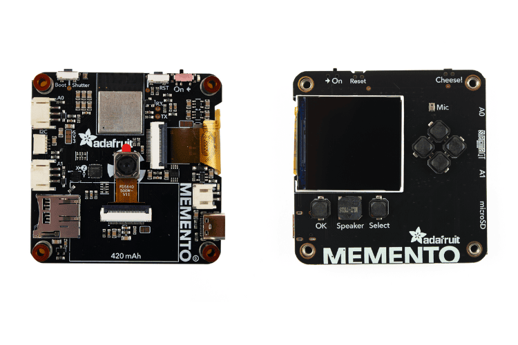 Adafruit MEMENTO front and back view showing complete board layout