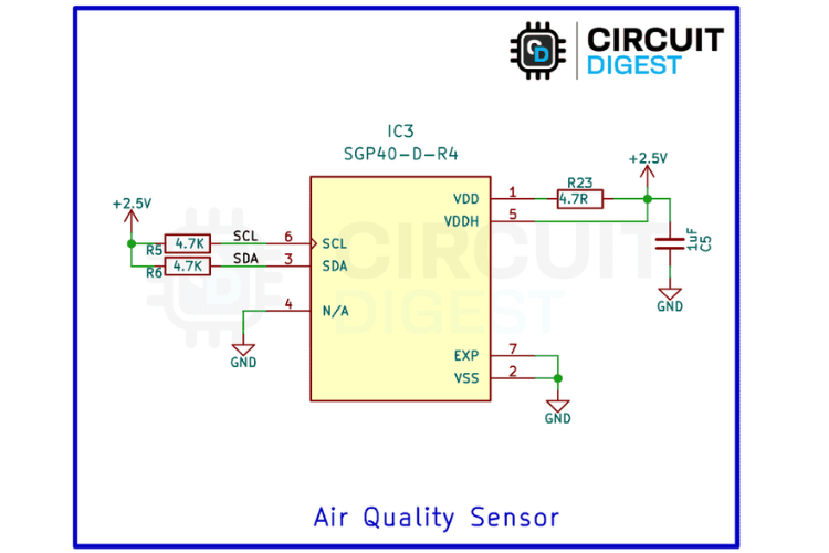 SGP40 TVOC air quality sensor I2C interface circuit with STM32 microcontroller connection diagram