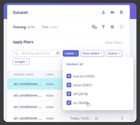 Complete dataset uploaded in Edge Impulse showing multiple labeled categories for ESP32 voice assistant