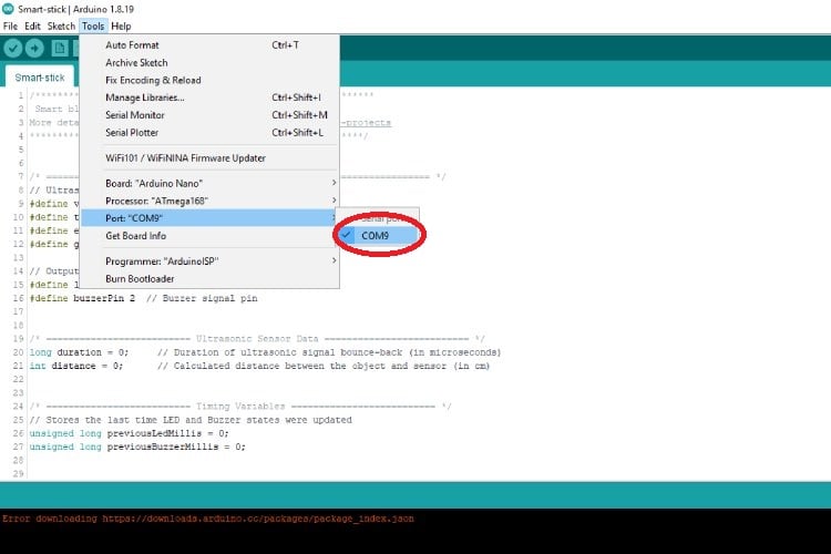 Selecting the USB port for Arduino Nano