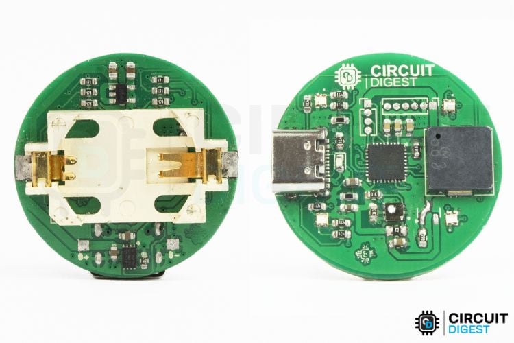 Fully assembled wearable air quality monitor PCB showing STM32 microcontroller, SGP40 sensor, and RGB LEDs front and back view