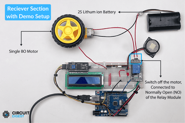 Complete receiver setup with demo motor connected to relay module for engine simulation in smart helmet project circuit diagram