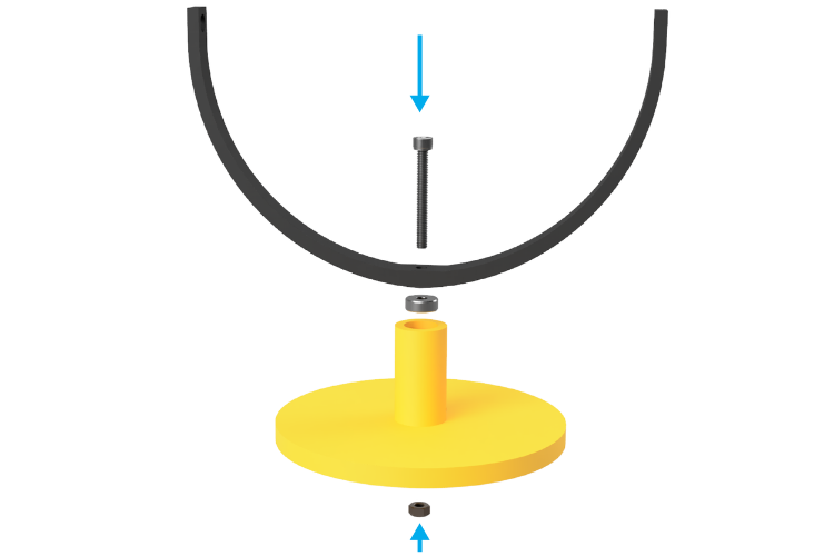 Step 1 assembly of 3D printed drone gimbal showing M6 bolt connecting base to outer ring