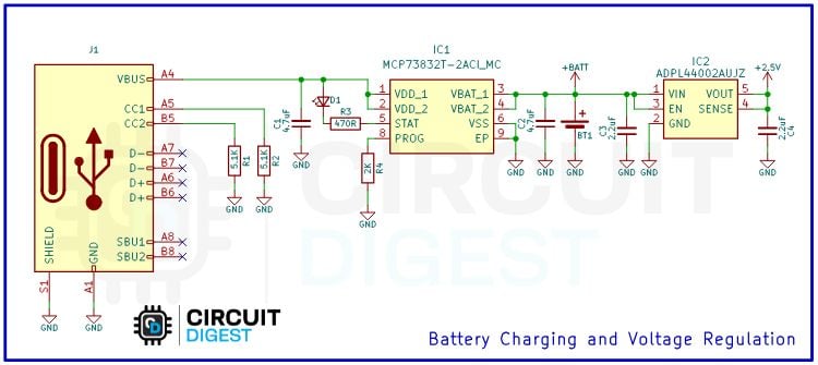 Battery charging and voltage regulation circuit for wearable air quality monitor using MCP73832T and ADPL6400ZAU12