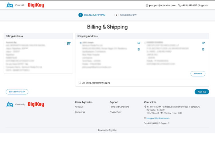 Billing and shipping address form for DigiKey India purchase through AqTronics logistics