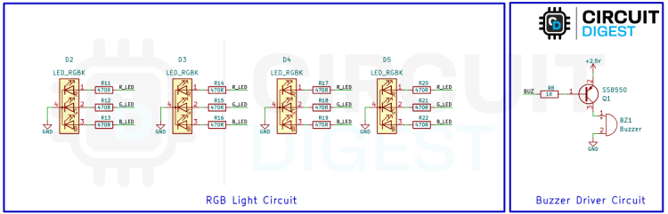 RGB LED and buzzer feedback circuit for wearable air quality monitor status indicators and audio alerts