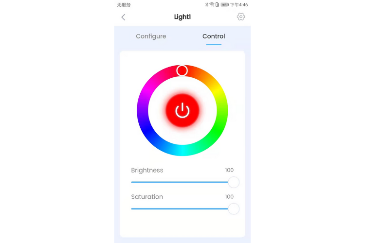 ESP-BOX app LED color control interface showing brightness and saturation settings