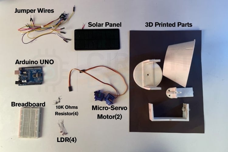 Components used in dual axis solar tracker system including Arduino UNO, LDR sensors, servo motors, and solar panel