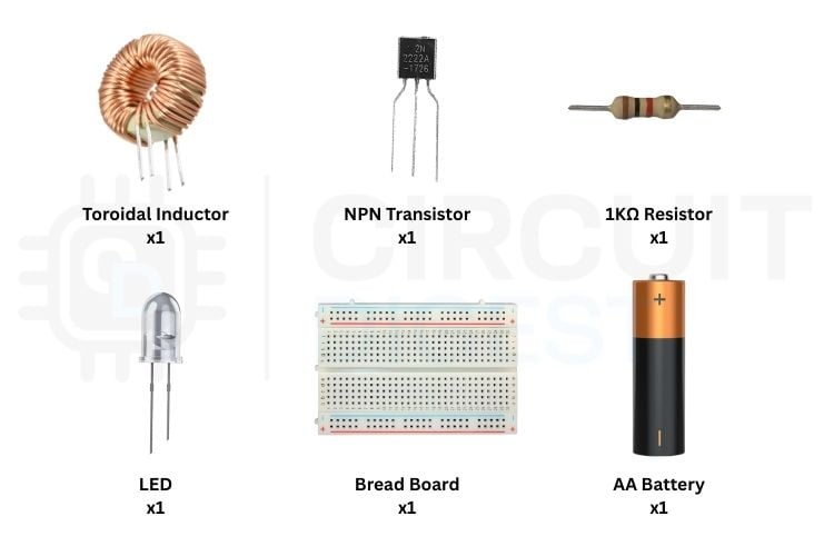 Joule Thief circuit components including toroidal inductor, NPN transistor 2N2222, 1kΩ resistor, LED,