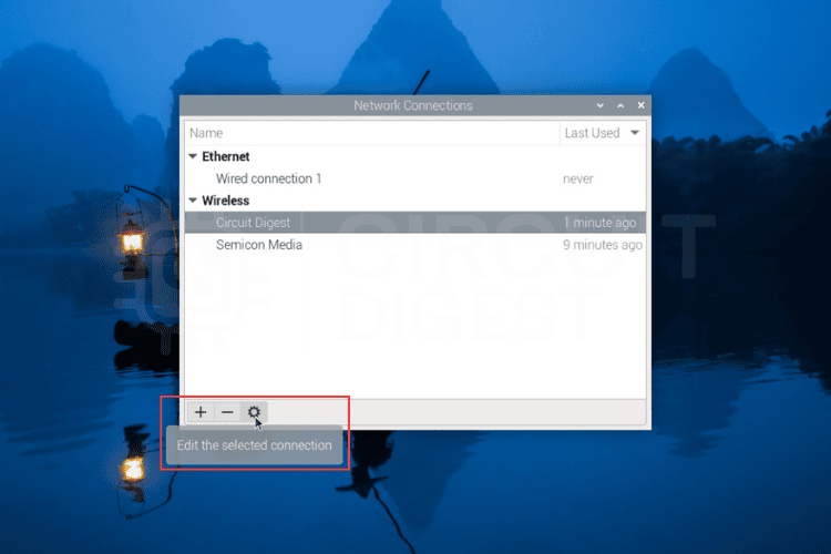 Network connection configuration window on Raspberry Pi desktop for static IP settings