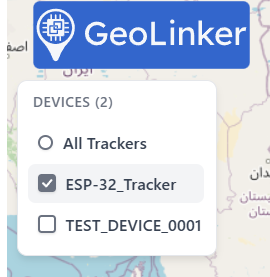 My Trackers sidebar panel in GeoLinker interface displaying device list with All Trackers option and individual GPS device entries