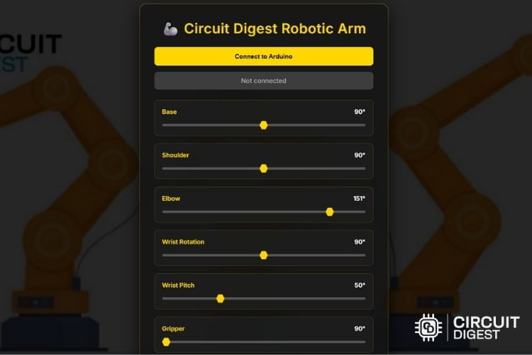 Web-based control dashboard with six slider controls for Arduino robotic arm joints showing real-time feedback
