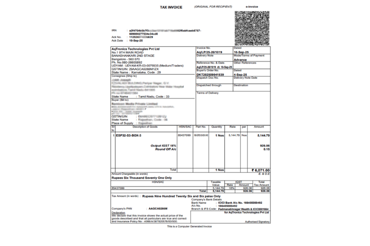 Final delivery package and GST invoice from DigiKey India order via AqTronics distributor