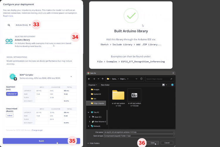 Deploying ESP32 speech to text model as Arduino library from Edge Impulse platform