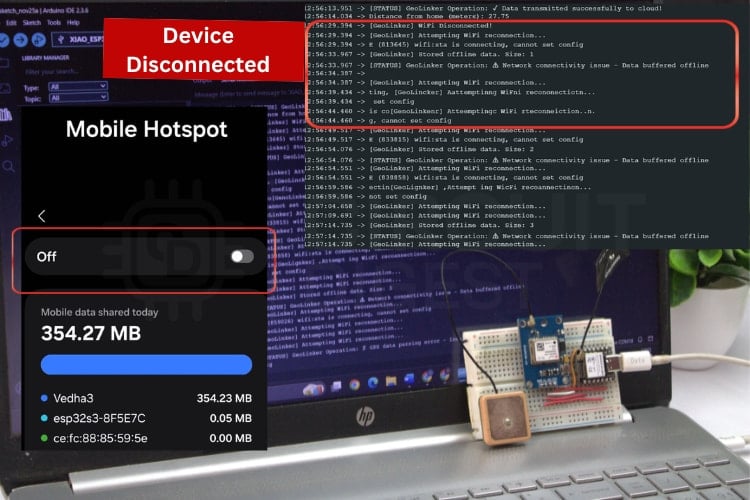 GPS tracker offline mode showing local data buffering when Wi-Fi connection is lost