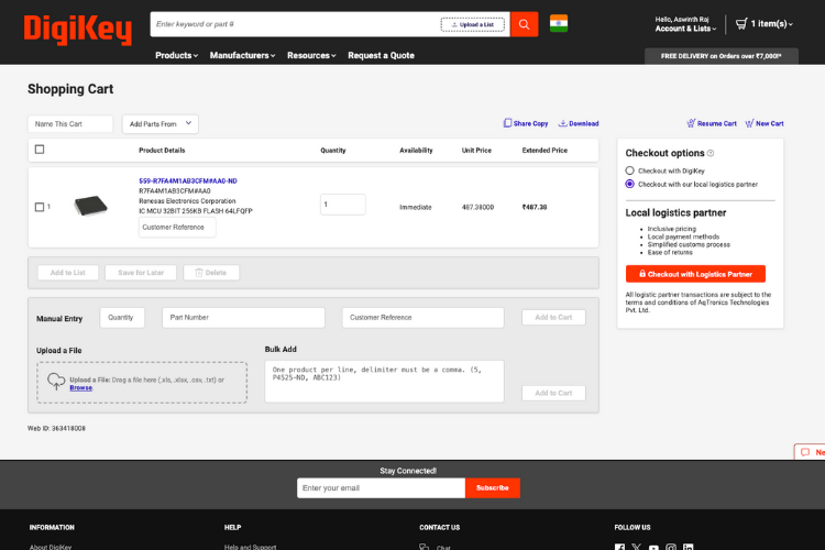 Selecting AqTronics local logistics partner during DigiKey India checkout process