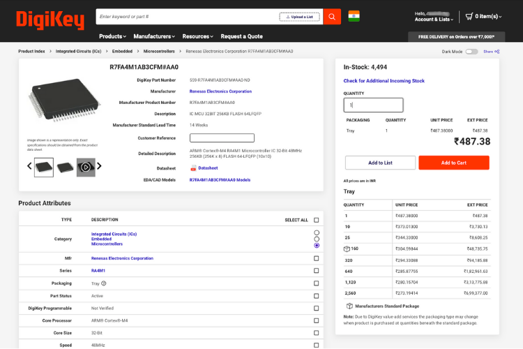 DigiKey shopping cart showing electronic components selection for India purchase