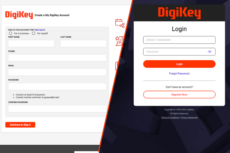 DigiKey India account setup and registration process showing login interface for electronic components sourcing