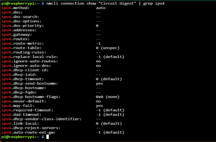 Raspberry Pi nmcli command showing IPv4 connection properties before static IP configuration