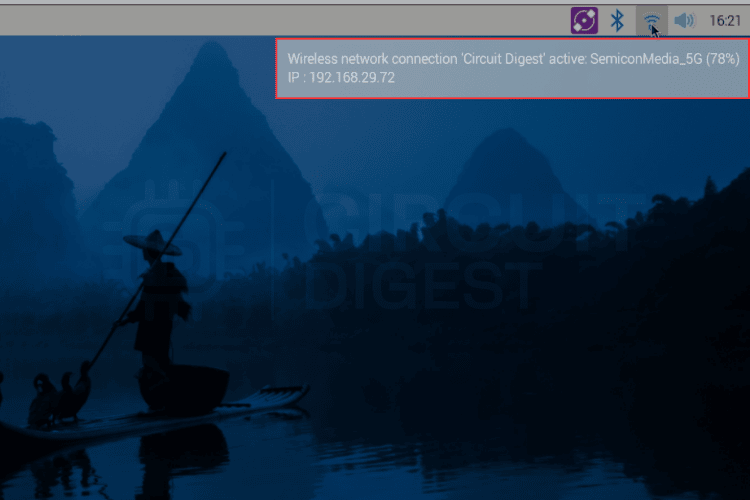 Raspberry Pi desktop showing current network connection and IP address in system tray