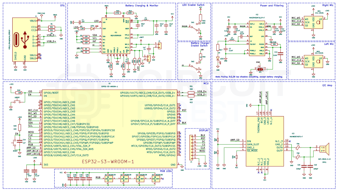 Complete schematic diagram of ESP32-S3 AI voice assistant showing all circuit connections and components