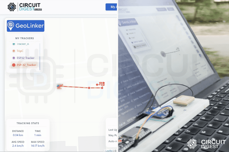 Real-time ESP32 GPS tracking demonstration showing live location plotting on map interface with Neo-6M GPS module data transmission every 2 seconds