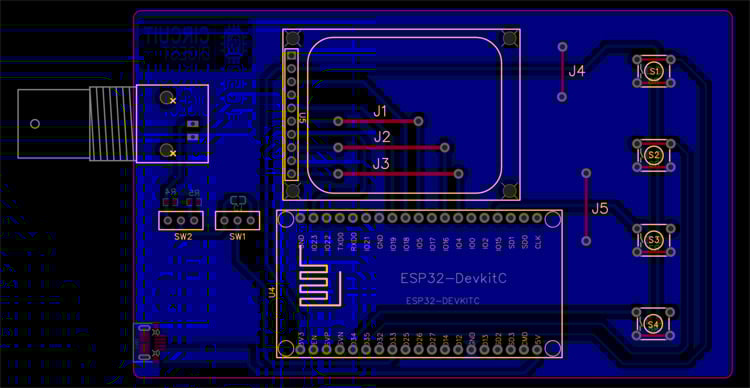 ESP32 oscilloscope PCB design showing component placement and routing for professional assembly