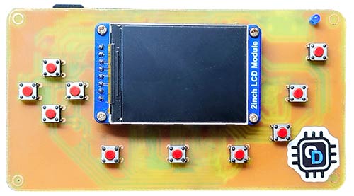 Top view of assembled ESP32 retro gaming console PCB showing component placement including ESP32 module, display connector, and tactile switches