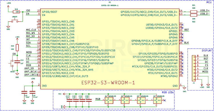 ESP32-S3 microcontroller main connections including USB, microphones, and RGB LED ring schematic